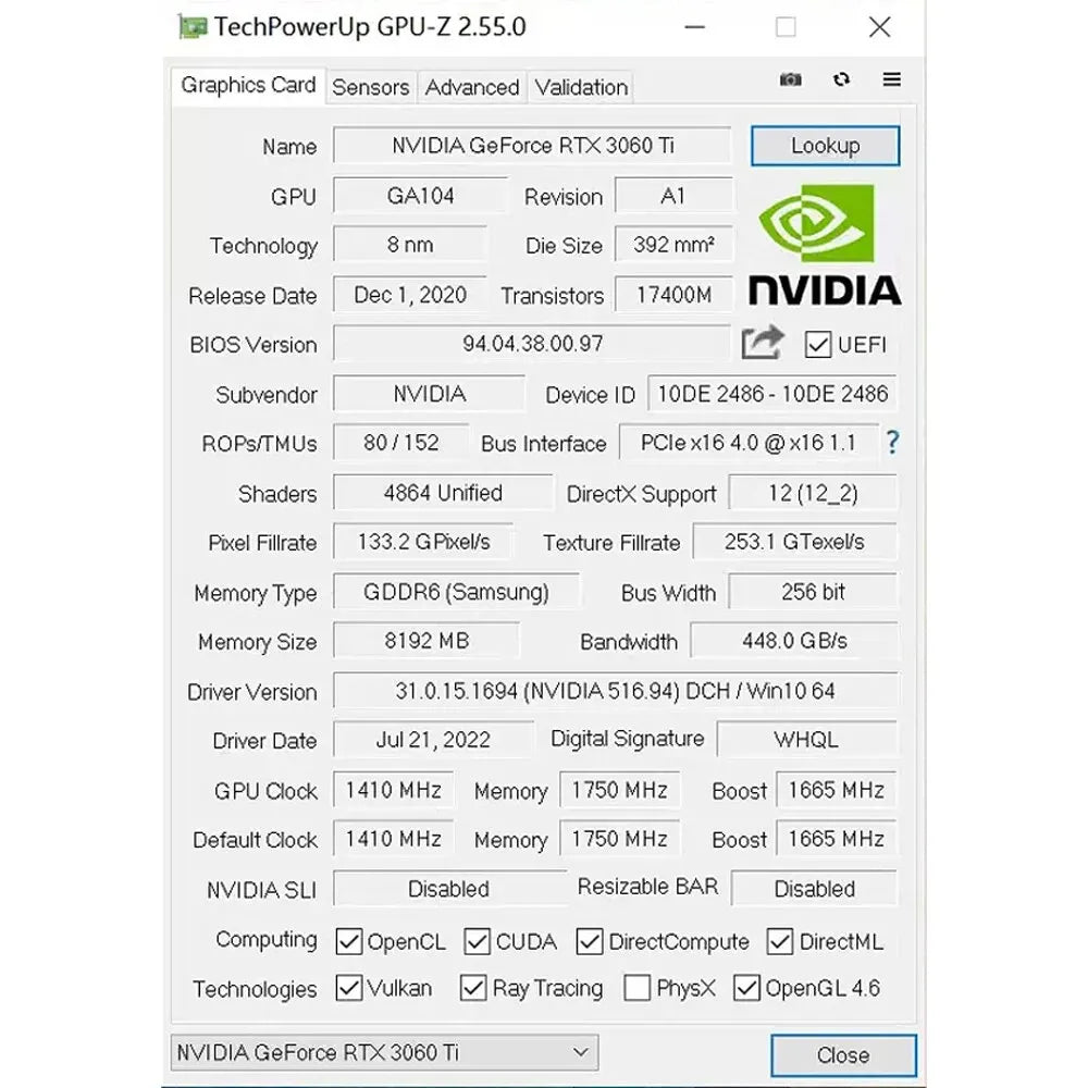 New Graphics Card Nvidia Geforce Rtx3060Ti 8G GDDR6 Video Memory Gaming Cards Pciex16 4.0 256Bit Desktop Computer Card